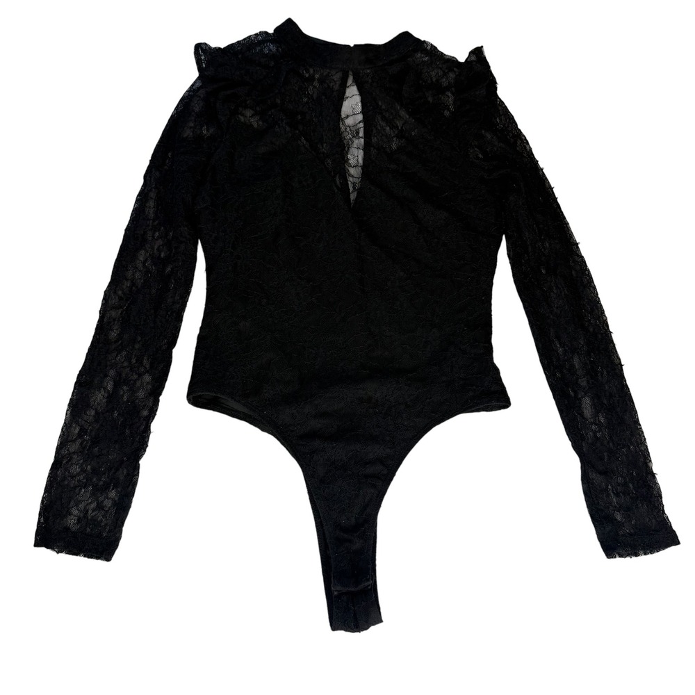 Lush Black Floral Lace Long Sleeve Bodysuit Mock Neck Keyhole Ruffle Large